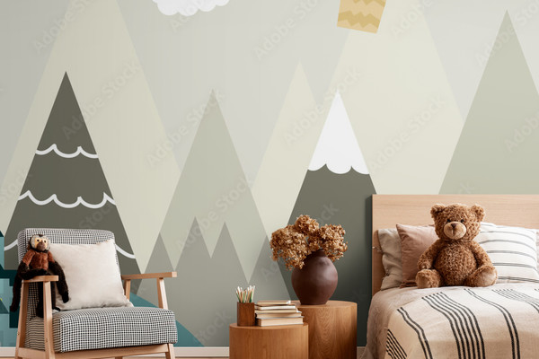 Graphic illustration for kids room wallpaper with house, hill, and purple hot...