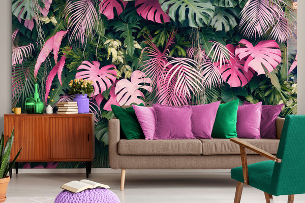 Tropical trees arranged in full background Or full wall There are leaves in d...