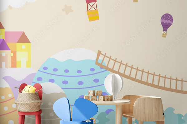 Graphic illustration for kids room wallpaper with house sky full of stars,sta...